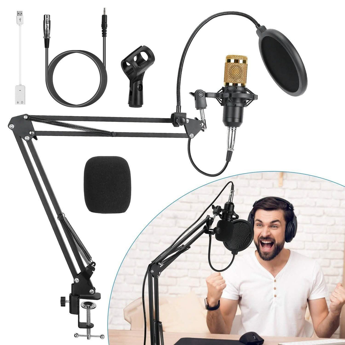 Condenser Microphone Bundle Shock Mount with Adjustable Boom Arm Sound Card